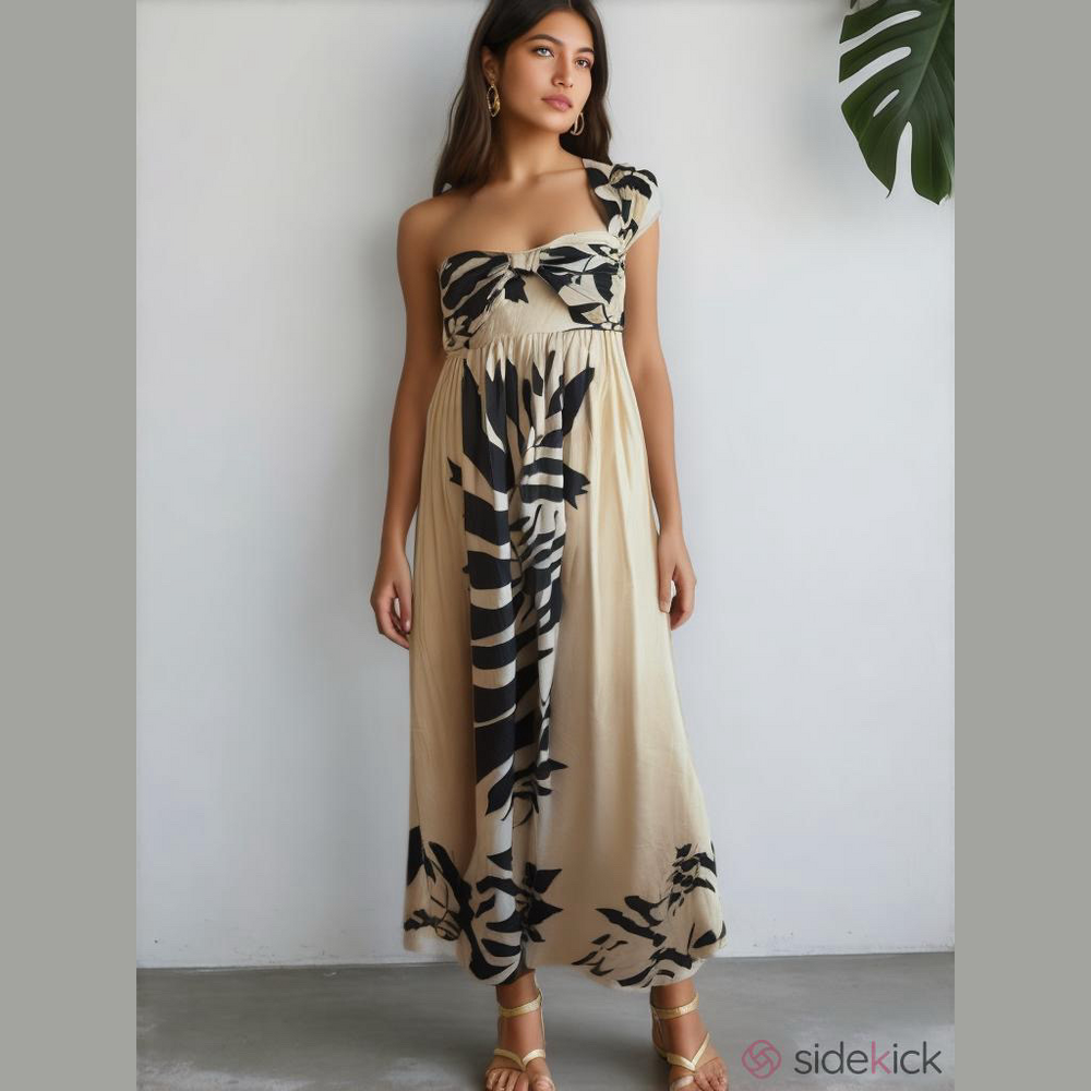 Anthropologie Let Me Be Tan Black Palm Floral One-Shoulder Maxi Dress SKU0790 91